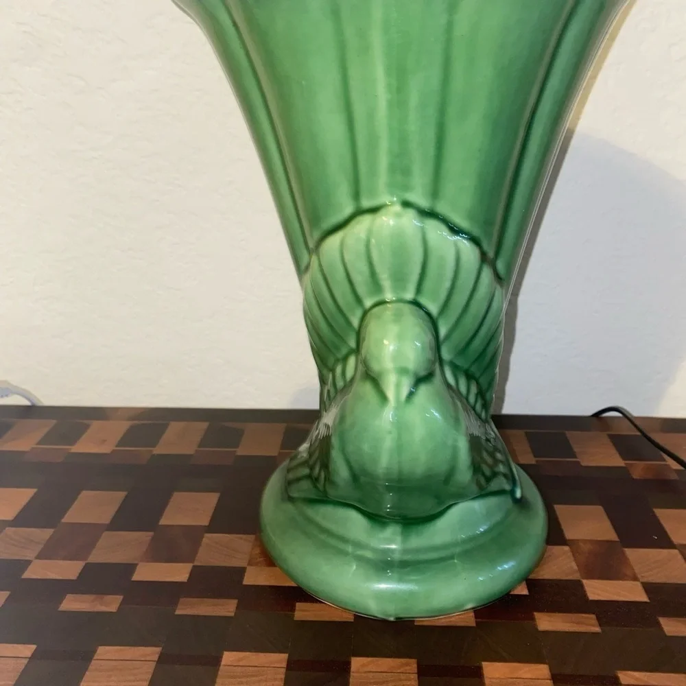 Vintage Shawnee Pottery Fluted Double Dove Green Glaze Ceramic Art Deco Vase 9”H